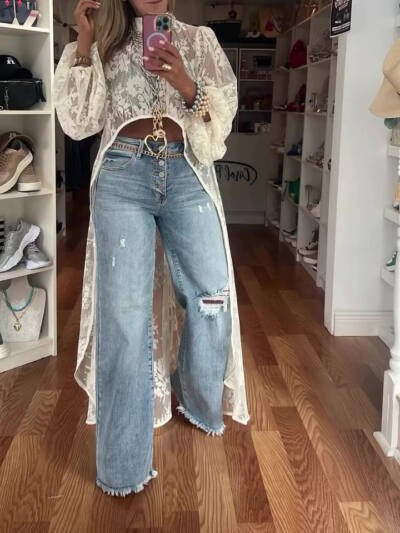 Round Neck Lace Short Front And Long Back Casual Top