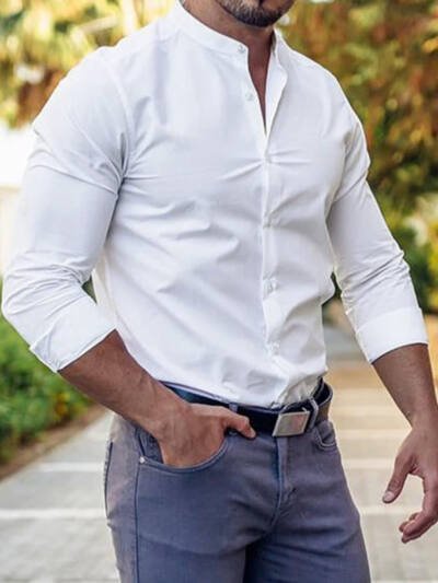 Long Sleeve Shirt Men Casual Button Down Slim Tops Solid Color Casual Mens Clothing
