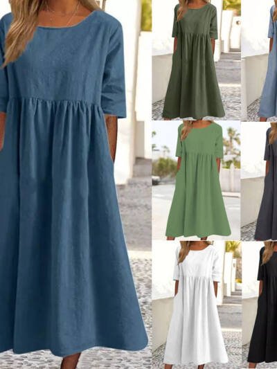 Women's Fashion Casual Cotton Linen Short Sleeve Pocket Dress