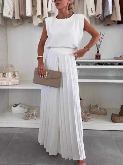 Round Neck Sleeveless Top Pleated Wide-leg Trousers Two-piece Set