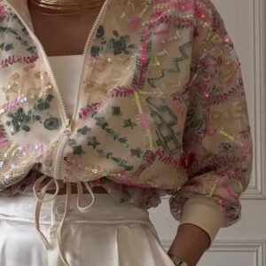 Embroidered Sequin Cropped Bomber Jacket