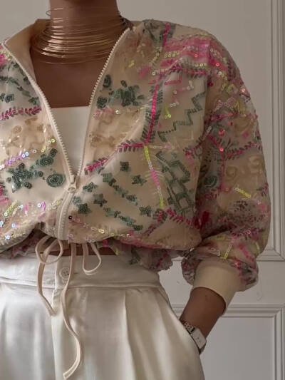 Embroidered Sequin Cropped Bomber Jacket