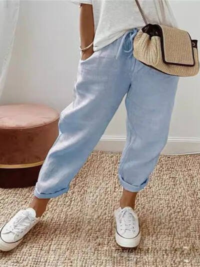 Cotton Linen Elastic-waist Cropped Pants Casual Women's Pants