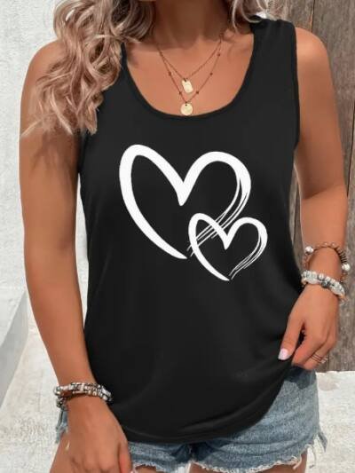 Hearts Print Crew Neck Tank Top, Casual Sleeveless Tank Top For Summer, Women's Clothing