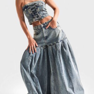 Strapless Denim Corset Crop Top & High - Waisted Pleated  Wide - Leg Pants Set