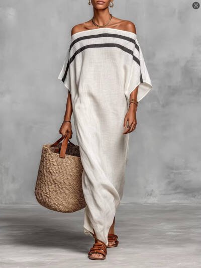 Womens Stand-Up Collar Striped Casual Loose Dress