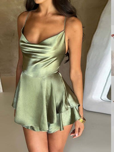 Sexy Suspender Skirt For Women Elegant Slim Strap Satin Backless Lace Up A-Line Short Dress Lady