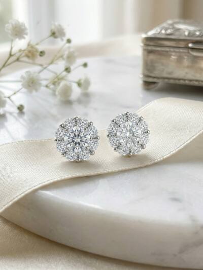 925 Sterling Silver Elegant Round Brilliant Diamond Halo Stud Earrings in Polished White Metal