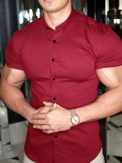 Slim Fit Short Sleeve Shirt Summer Men's Solid Color Casual Tops