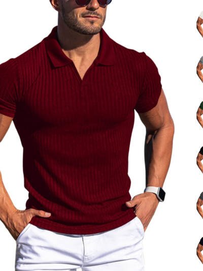 Polo Shirt Lapel V-neck Vertical Striped Short Sleeve Men's T-shirt