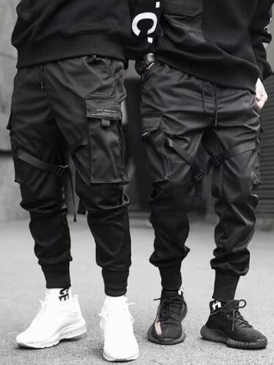 Ribbons Harem Joggers Men Cargo Pants Streetwear Hip Hop Casual Pockets Cotton Track Pants