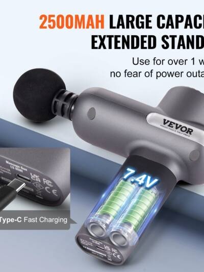VEVOR Massage Gun Deep Tissue, Percussion Muscle Massager For Athletes - With 5 Speed Levels & 6 Massage Heads, 7.4V 2500mAh Batteries, Handheld Electric Massage Gun For Pain Relief, Muscle Relaxation
