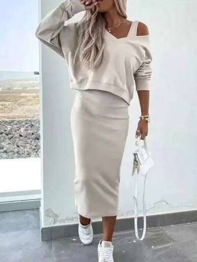 Women's Two Piece Dress Suit Fashion Long-sleeved  V-neck Pullover Sweatshirt And Sleeveless Dresses Set