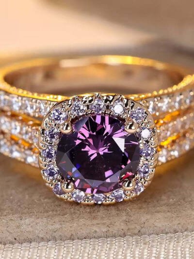 Copper Micro-pave Zircon Three-tier Index Finger Rose Gold Round-cast Amethyst Luxury Full-diamond Ring