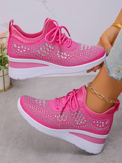 Ins Rhinestone Sneakers Fashion Lace Up Wedges Casual Shoes Women's Daily Commuting Sports Shoes