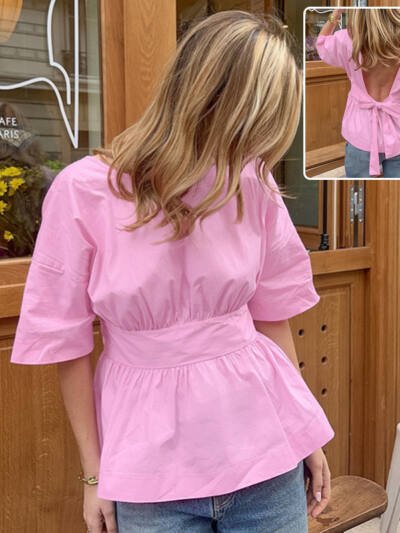 Summer Backless Short Sleeve T-shirt With Back-tied Design Fashion Bat Sleeve Top For Women Clothing