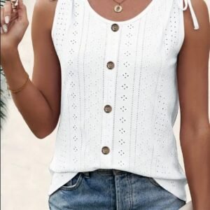 Eyelet Button Front Tank Top, Casual Sleeveless Tank Top For Summer, Women's Clothing