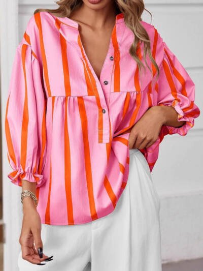 Women's Striped Shirt Puff Sleeve Loose Top