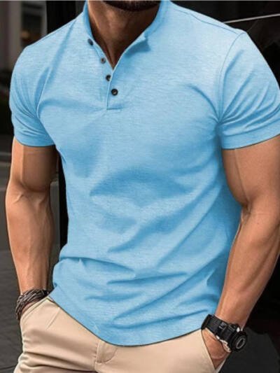 Men's Button Henry Collar Sports Polo Shirt Summer Short-sleeved Tops