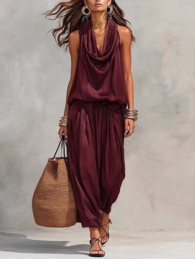 Womens Draped-Neck Vest And Casual Pants Set