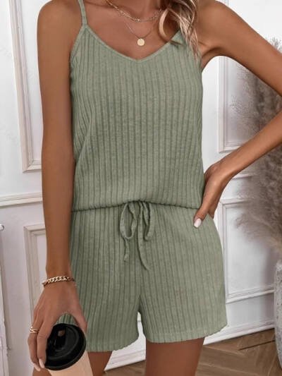 New Women's All-match Sunken Stripe Solid Color Vest Top And Casual Shorts Suit