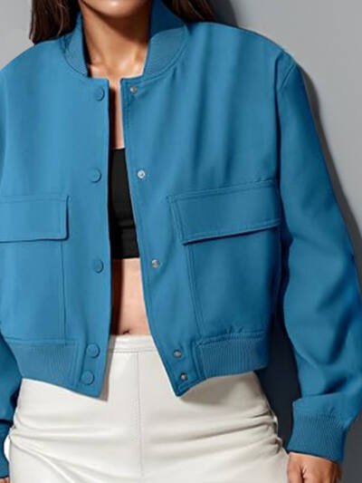 Fashion Button Stand-collar Jacket With Big Pockets Casual Loose Short Outwear Tops Coat For Women Clothing