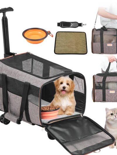 VEVOR Cat Carrier With Wheels, Airline Approved Rolling Pet Carrier With Telescopic Handle And Shoulder Strap, Dog Carrier With Wheels For Pets Under 22 Lbs, With 1 Folding Bowl, Grey