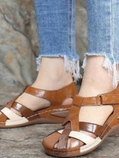 Vintage Round Toe Wedge Ladies Cross Buckle Sandals