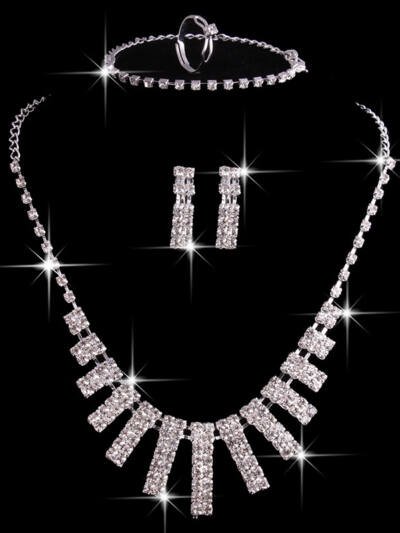 4 Pieces Rhinestones Necklace Set With Earrings Ring And Bracelet Fashion Jewelry For Women