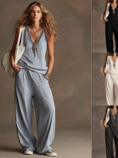 V-neck Sleeveless Tank Top And Wide-leg Pants Set Relaxed Fit