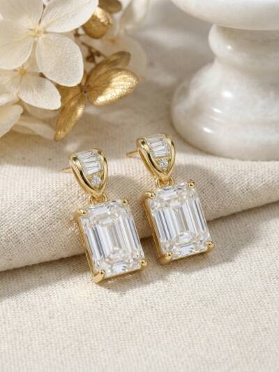 925 Sterling Silver Elegant Emerald-Cut Crystal Drop Earrings with Baguette Accents