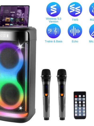 Portable Wireless Party Speaker With LED Light Wireless Mic Remote Control TWS Treble Bass Mic. Echo Music Accompany Mic. Priority Guitar In