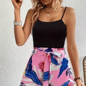 Boho Two-piece Cami Top Set, Cami Top & Leaves Print Casual Beach Shorts 2pcs Outfits For Summer & Spring, Women's Clothing