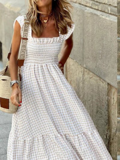 Summer Plaid Print Pleated Ruffle Dress INS Fashion Sleeveless A-line Swing Beach Dress Women's Clothing