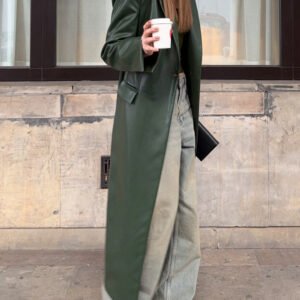 Olive Green Leather Maxi Trench Coat With Shoulder Pads