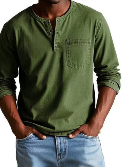 V-neck Long-sleeved T-shirt With Button Design Fashion Casual Solid Color Pullover Top Men's Clothing