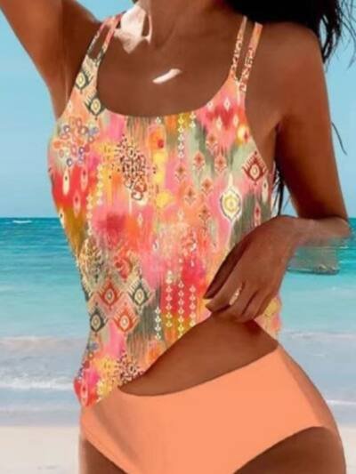 Retro Split High Waist Bikini Beach Print Strap Swimsuit