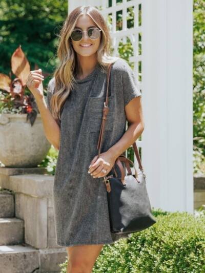 Striped Short Sleeve Pocket Dress Women