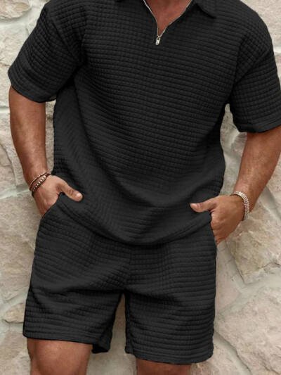 Men's Summer Casual Plaid Jacquard Weave Zip Short Sleeve Suit