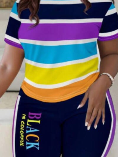 Women Fashionable Colorful Stripe Print T-shirt And Pants Casual Set