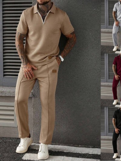 Casual Zip-Up Polo Shirt Top And Pants Two-Piece Set