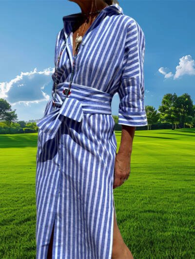 Striped Shirt Dress With Belt Fashion Half-sleeved Lapel Button Cardigan Dresses Women's Clothing