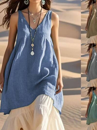 Fashion Sleeveless Cotton Linen Solid Color And V-neck Beach Dress