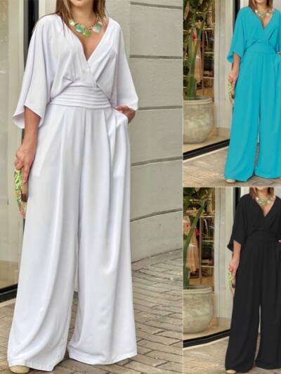 Women's Jumpsuit V-neck Solid Color Summer Trendy Fashion Short-sleeved Street Casual Jumpsuit Suit For Women Clothing