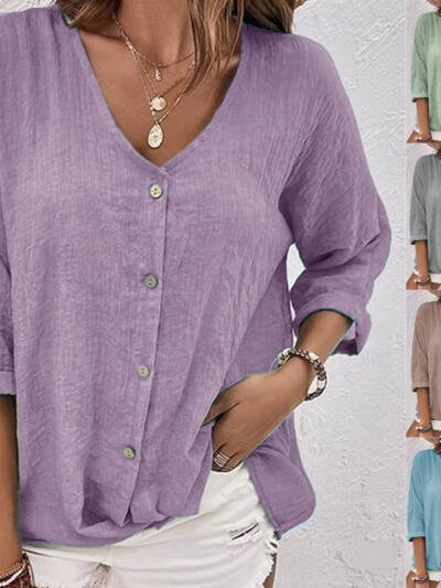 V-neck Long-sleeved T-shirt Fashion Solid Color Button Top Casual Loose Clothing For Women