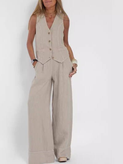 Summer Vest Suits V-neck Botton Sleeveless Top And Loose Straight Trousers Casual Womens Clothing