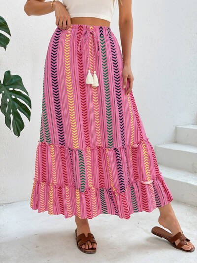 Womens Tassel-Laced Ethnic-Style Striped Printed Skirt
