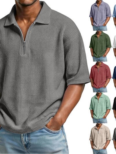 Men's Waffle-Weave Short-Sleeved Shirts Summer Solid Color Lapel Polo Shirt T-Shirt Beach Style Tops