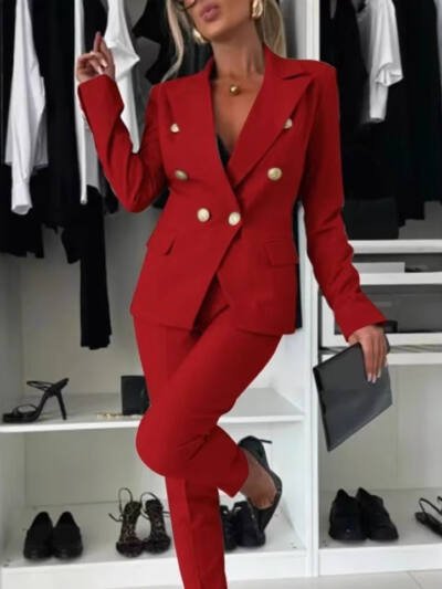 Casual Blazer Suit Slim Lapel Double-breasted Jacket And Zip-up Trousers Women's Clothing