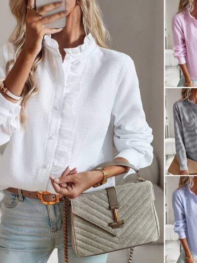 Striped Long Sleeve Shirt Fashion Ruffle Design Button Up Tops Casual Office Blouse Elegant Commuting Women's Clothing